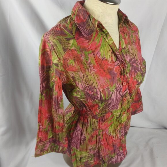 Lemon Grass Studio Women's Long Sleeve Blouse Red/Green Tropical Size Medium - Picture 4 of 6